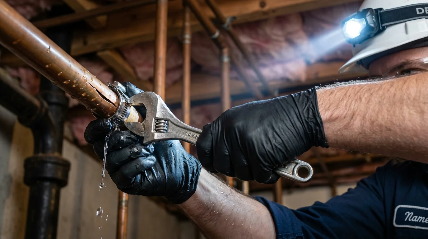 Emergency pipe clamp repair being performed by a Johns Plumbing LLC plumber in Sheffield