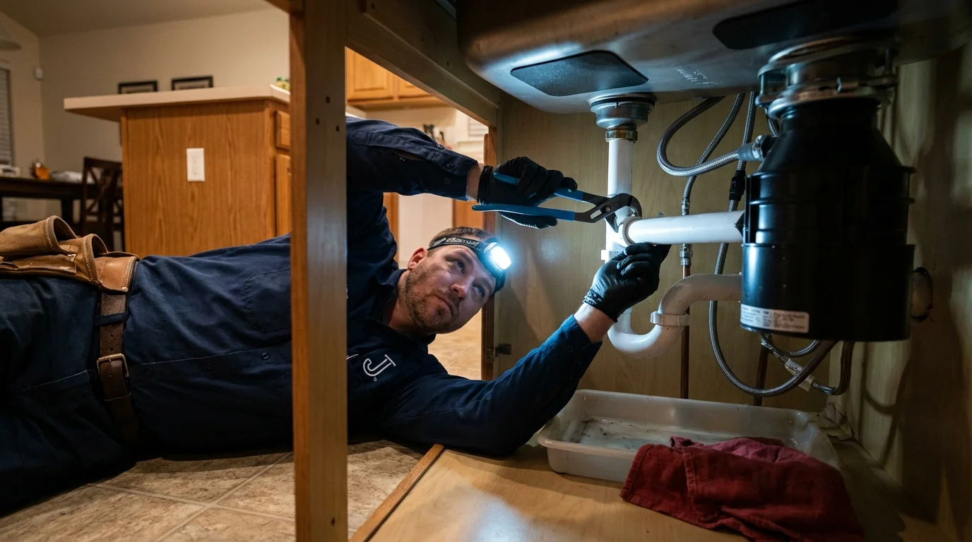 P-trap and supply line connections under a kitchen sink showing a common leak point in Sheffield, PA